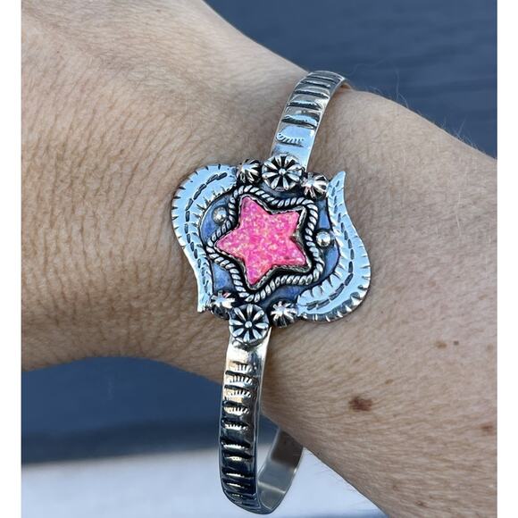 Sterling Silver Cuff Bracelet Pink Lab Opal Southwestern Star Native Style 7 3/8 - Picture 2 of 12
